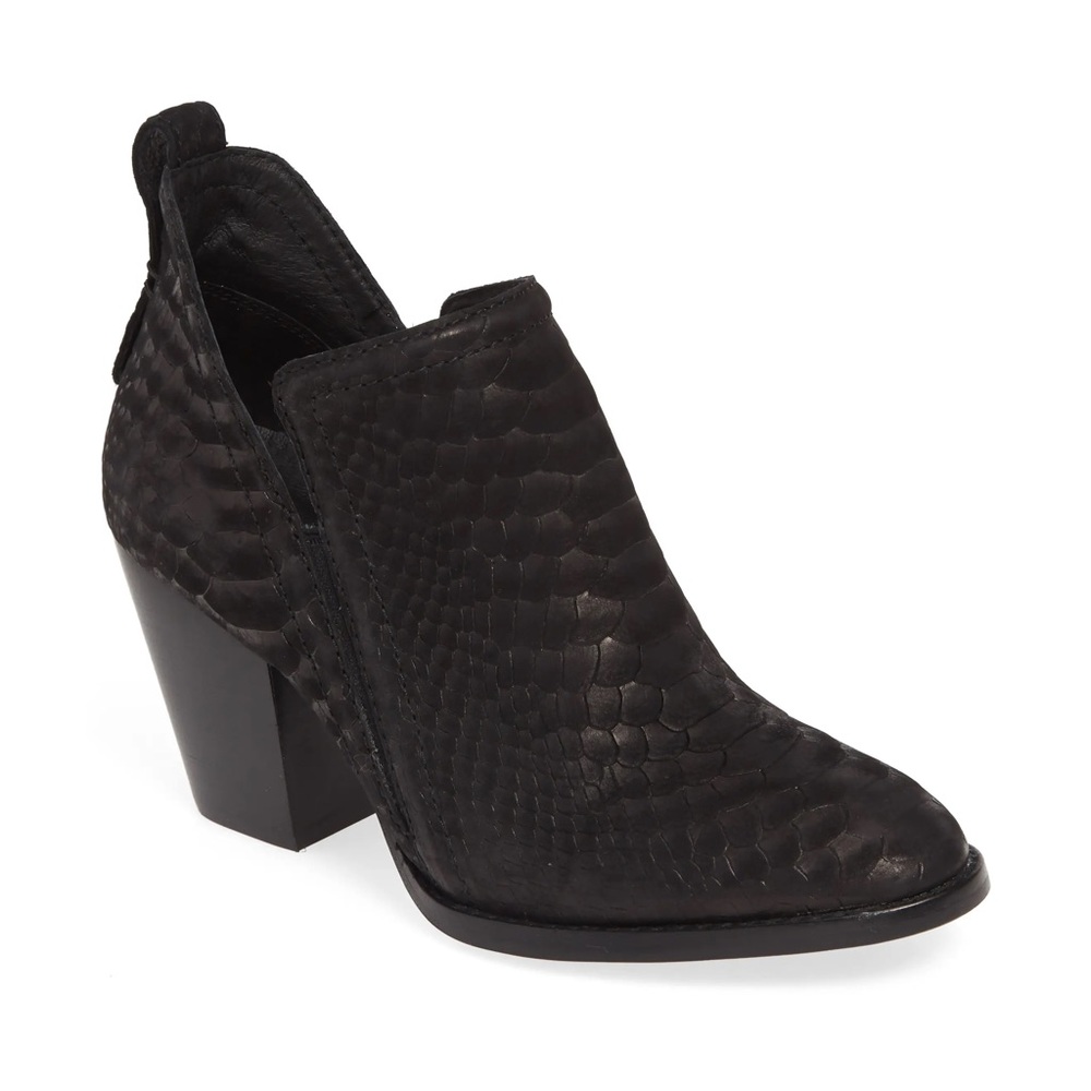 JEFFREY CAMPBELL Rowlan Black Matte Snakeskin Embossed Stacked Heel Ankle Bootie